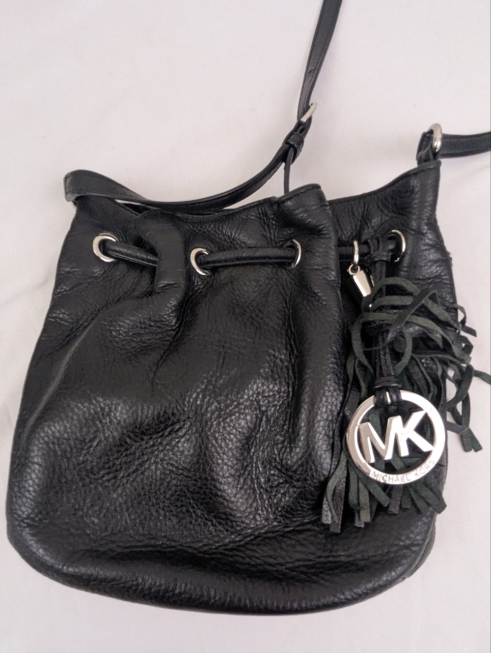 Michael Kors Black Leather Drawstring Shoulder Bag With Magnetic Closure
